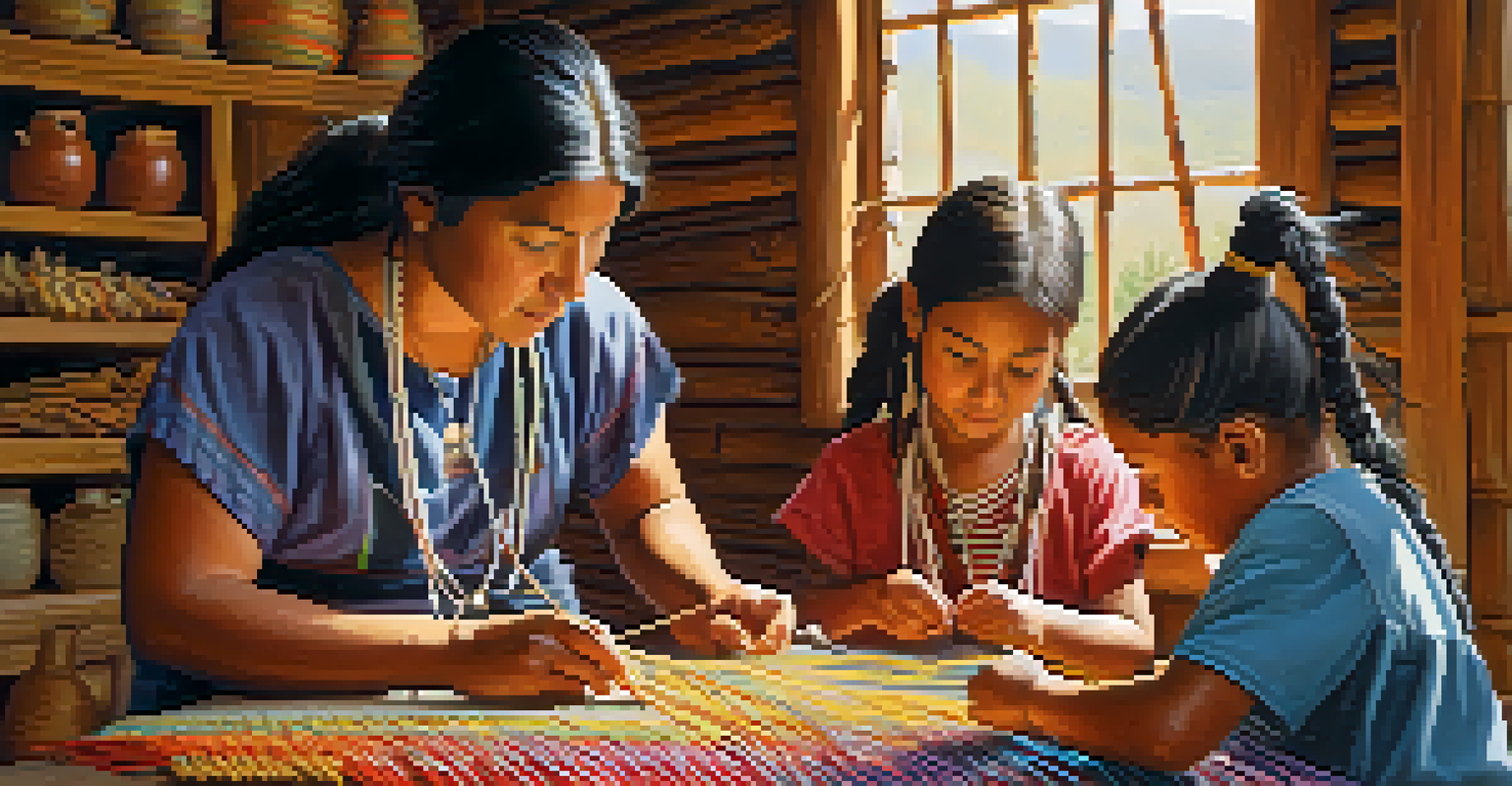 A Native American woman teaching children to weave textiles in a well-lit room.