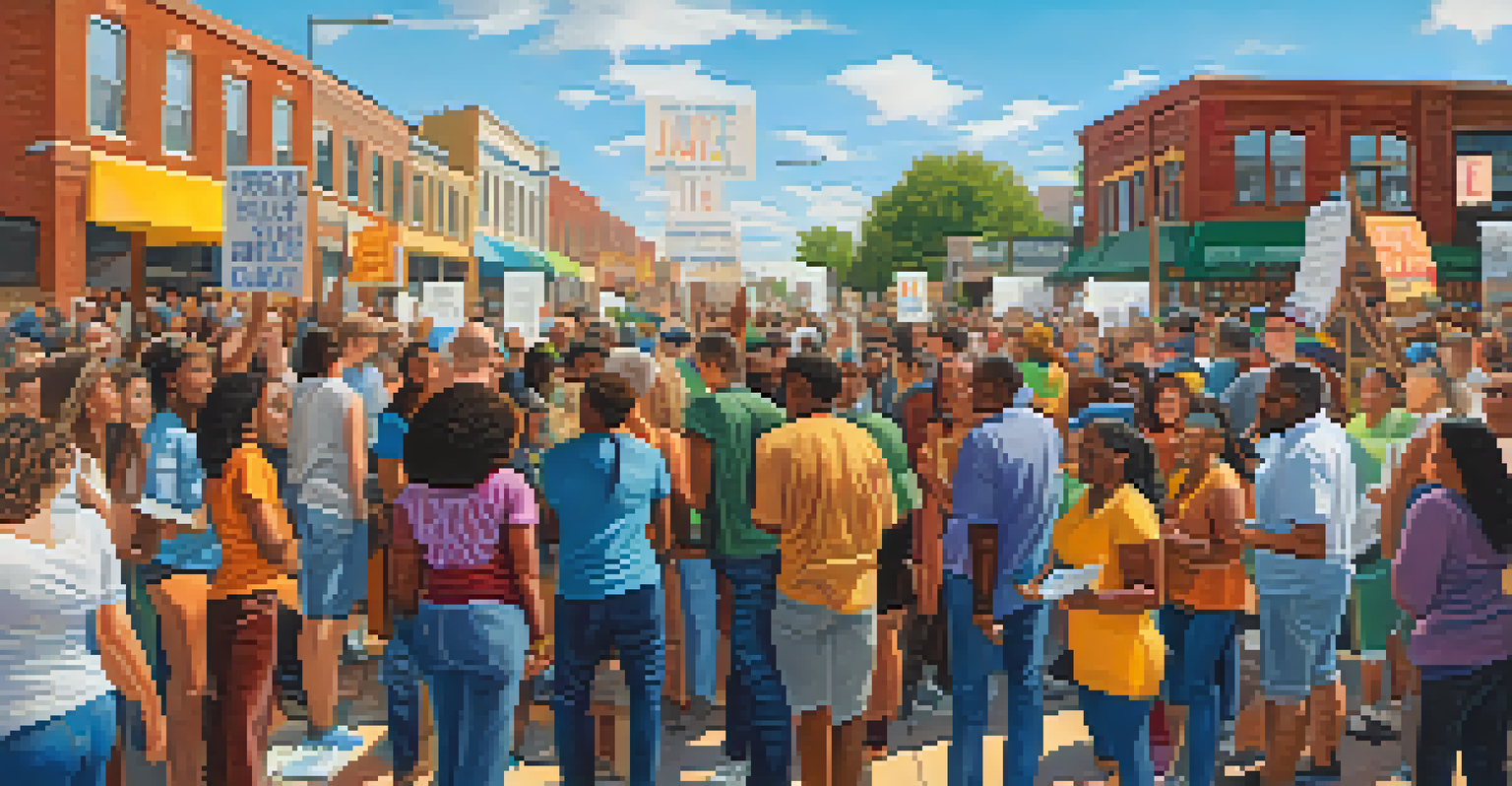 A community gathering in modern Kansas with diverse individuals holding signs for social justice and climate change, set against an urban backdrop.