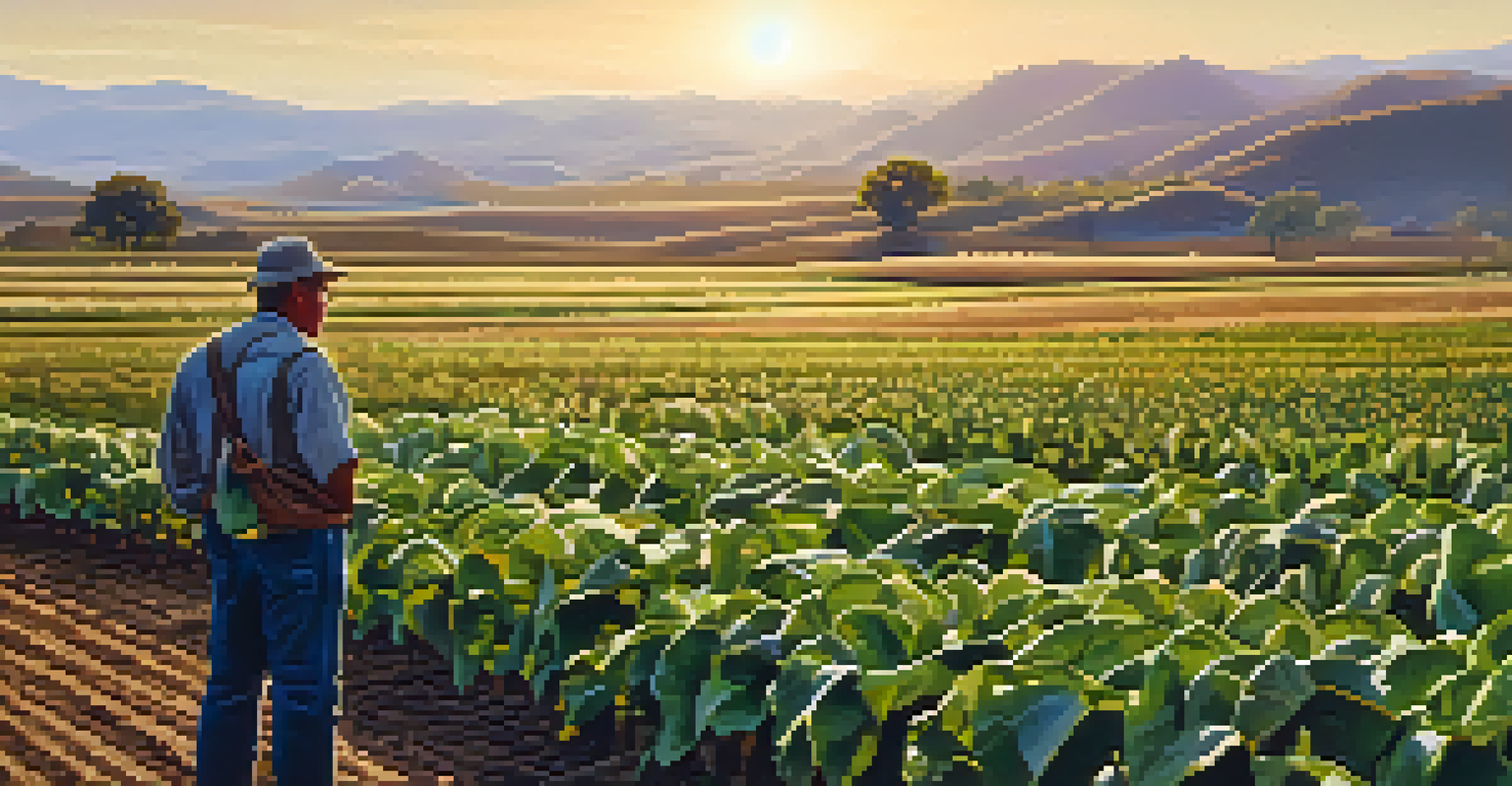 A farmer inspecting drought-resistant crops in a field during sunset, with detailed textures of leaves and soil.