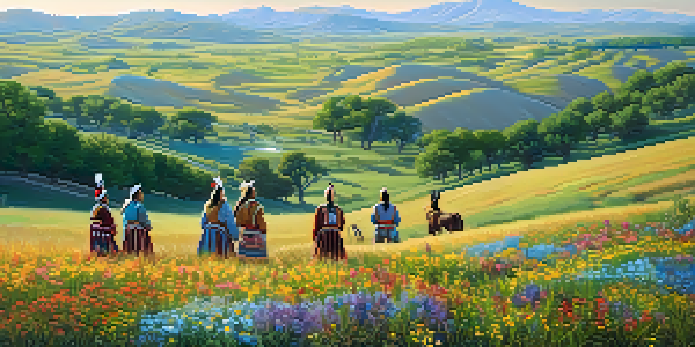 A peaceful gathering of Native American individuals in traditional attire amidst the rolling hills and wildflowers of Kansas under a clear blue sky.