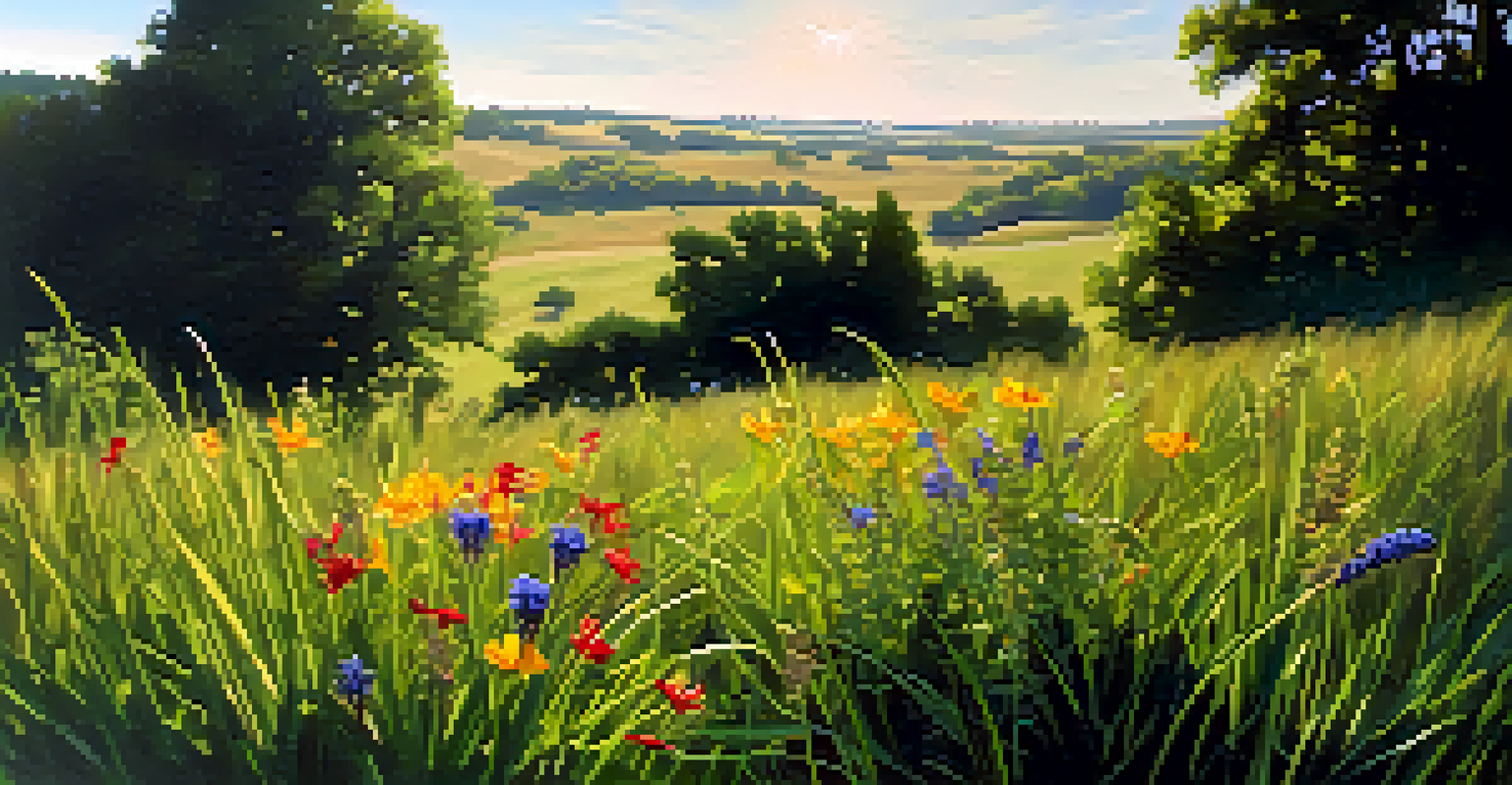 Close-up of colorful wildflowers in Kansas with sunlight filtering through the leaves.