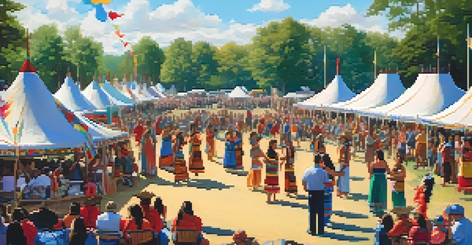 A lively outdoor Kansas cultural festival featuring traditional Native American dances, colorful regalia, and a diverse crowd enjoying the event under warm sunlight.