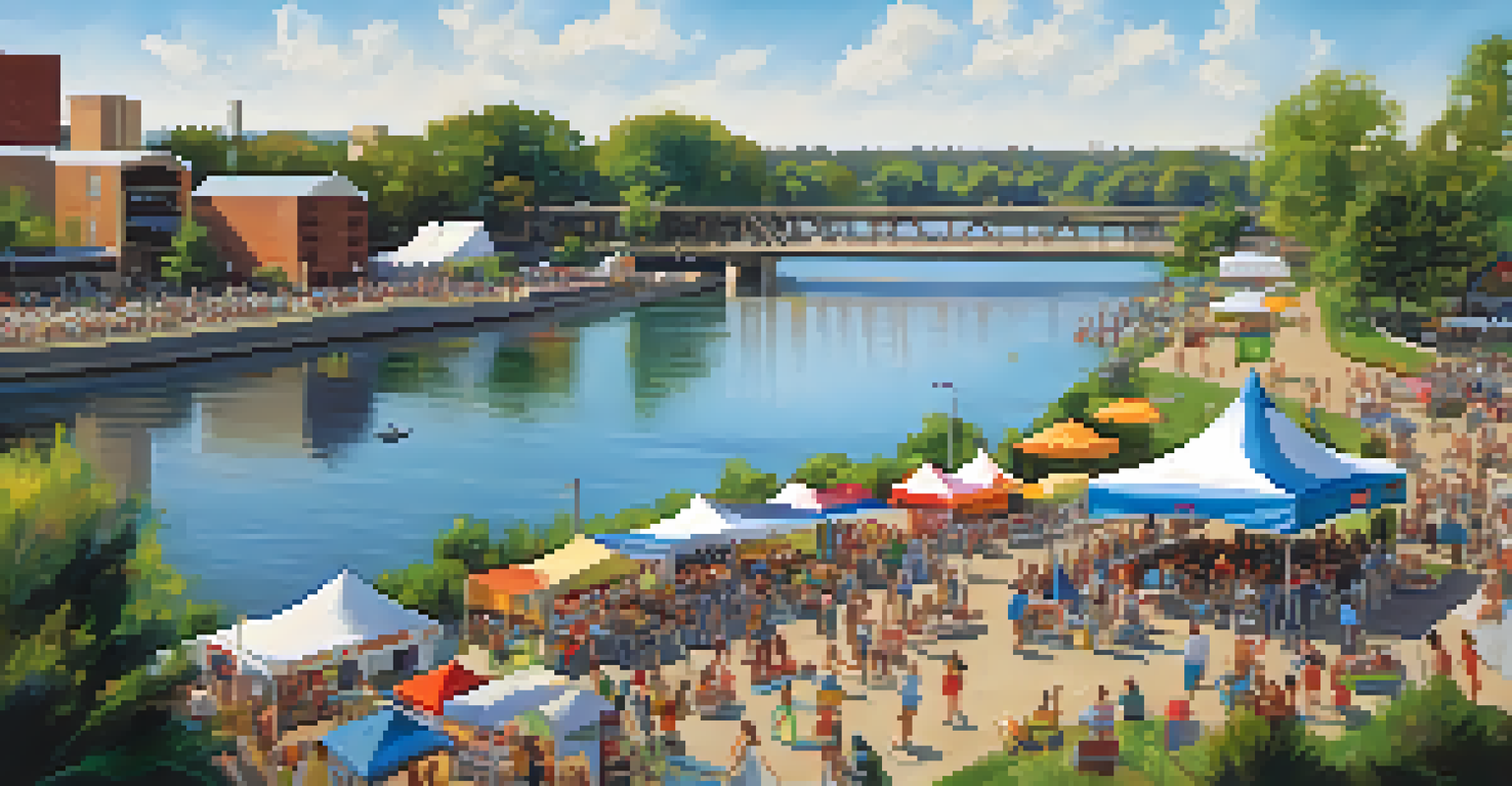 A vibrant riverside festival scene with families enjoying live music and food vendors, featuring colorful decorations along the Arkansas River.