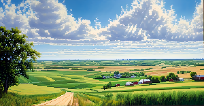 A wide view of green fields in eastern Kansas with crops and a bright blue sky, featuring fluffy clouds and distant farmhouses.