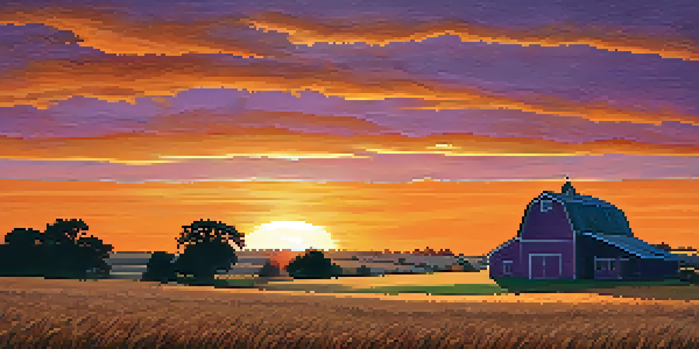 A peaceful Kansas farm during sunset with golden wheat fields and a rustic barn.