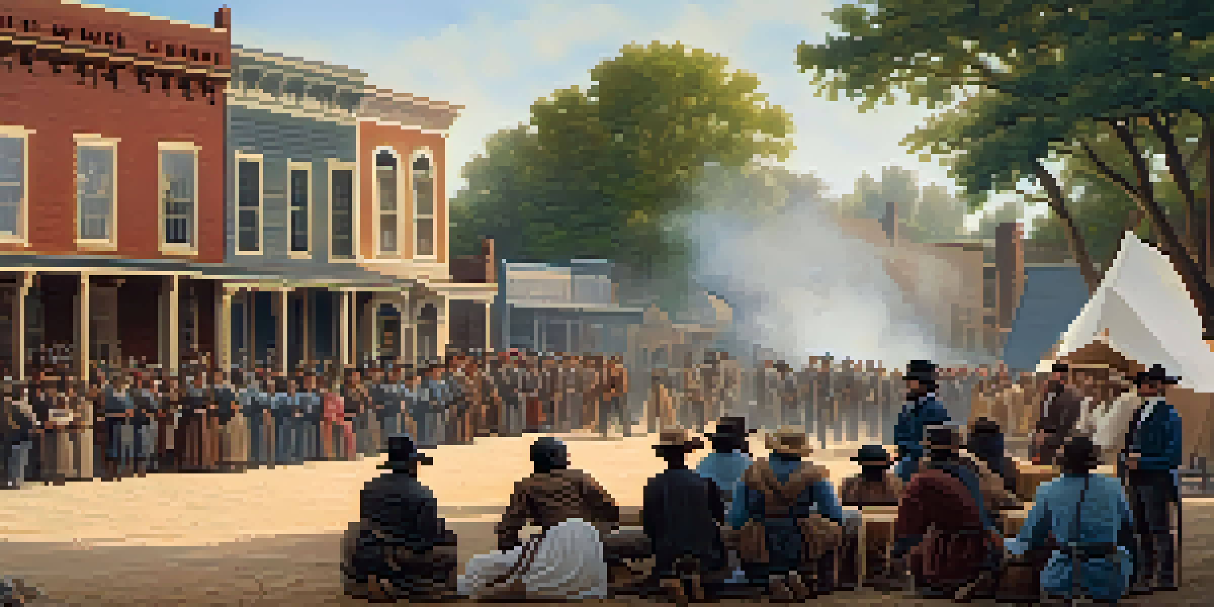 A historical scene depicting a debate between pro-slavery and anti-slavery factions in 19th century Kansas, with people in period costumes and wooden buildings in the background.