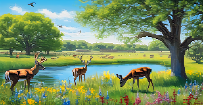 A peaceful Kansas wildlife park in spring with blooming wildflowers, a family of deer grazing, and birds flying in the sky.