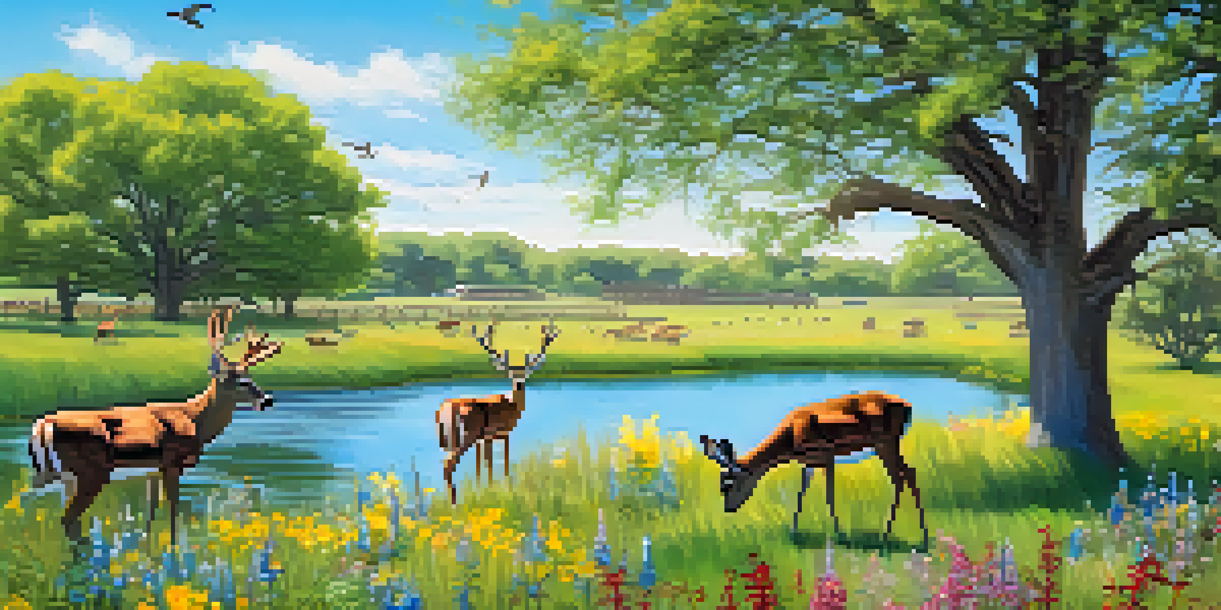 A peaceful Kansas wildlife park in spring with blooming wildflowers, a family of deer grazing, and birds flying in the sky.
