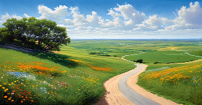 A scenic view of rolling hills and wildflowers along the Flint Hills Scenic Byway with a winding road.