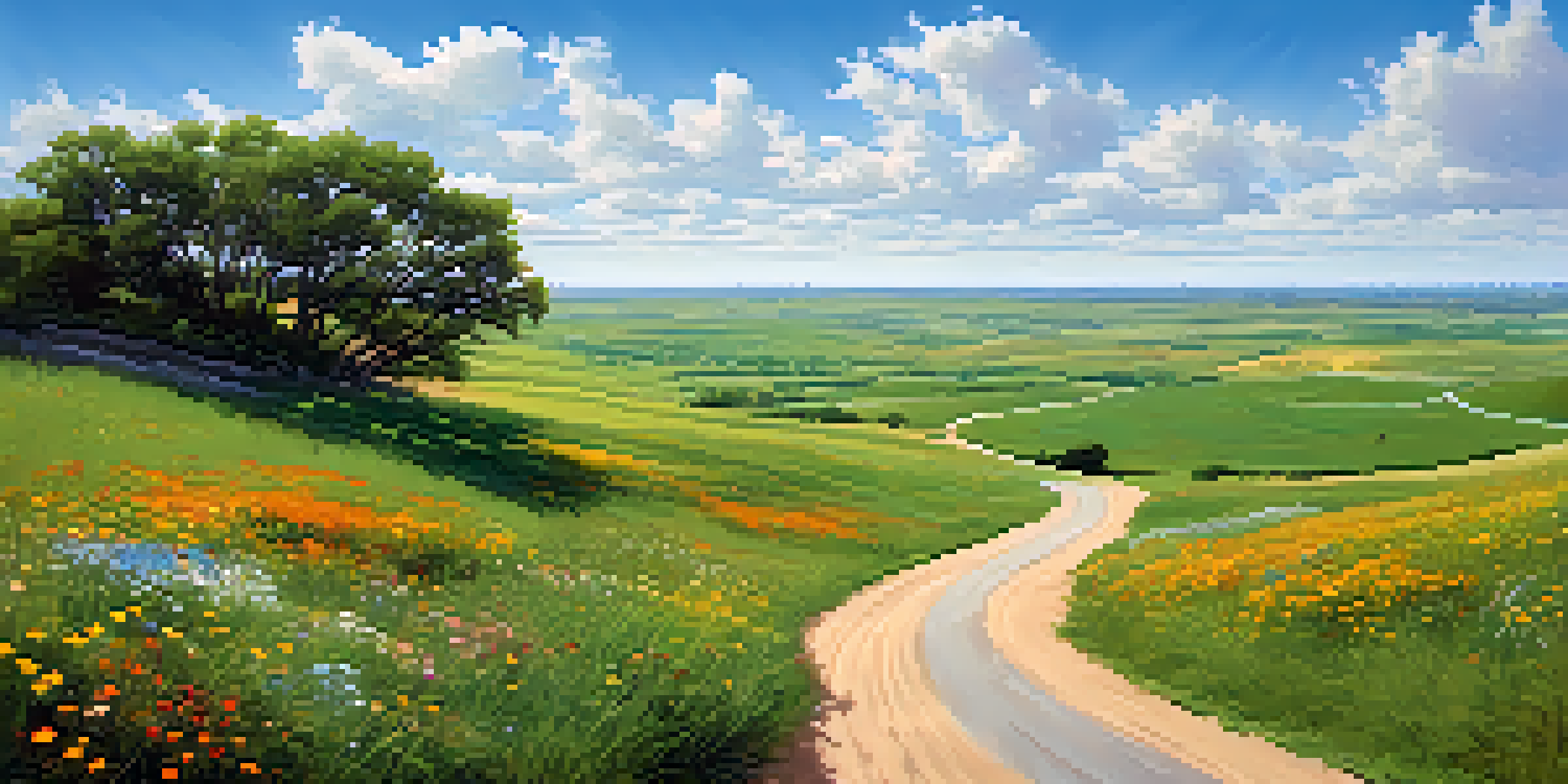 A scenic view of rolling hills and wildflowers along the Flint Hills Scenic Byway with a winding road.