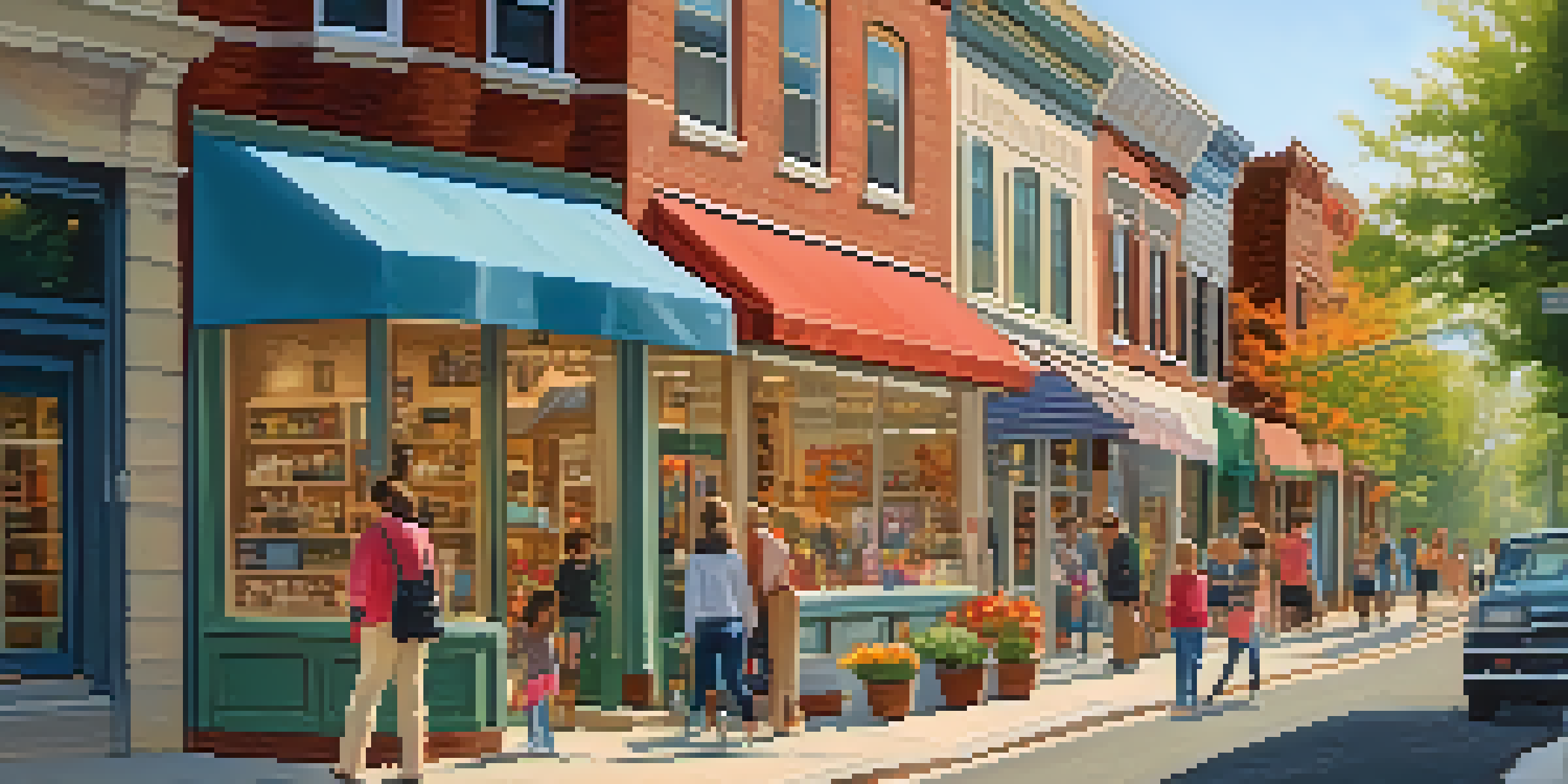 A lively street in Brookside with families walking and looking at boutique shops, surrounded by trees and bright shop displays.