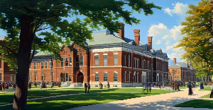 A historic view of Kansas State University's campus in the late 1800s, featuring brick buildings and students in period clothing in a sunny outdoor setting.