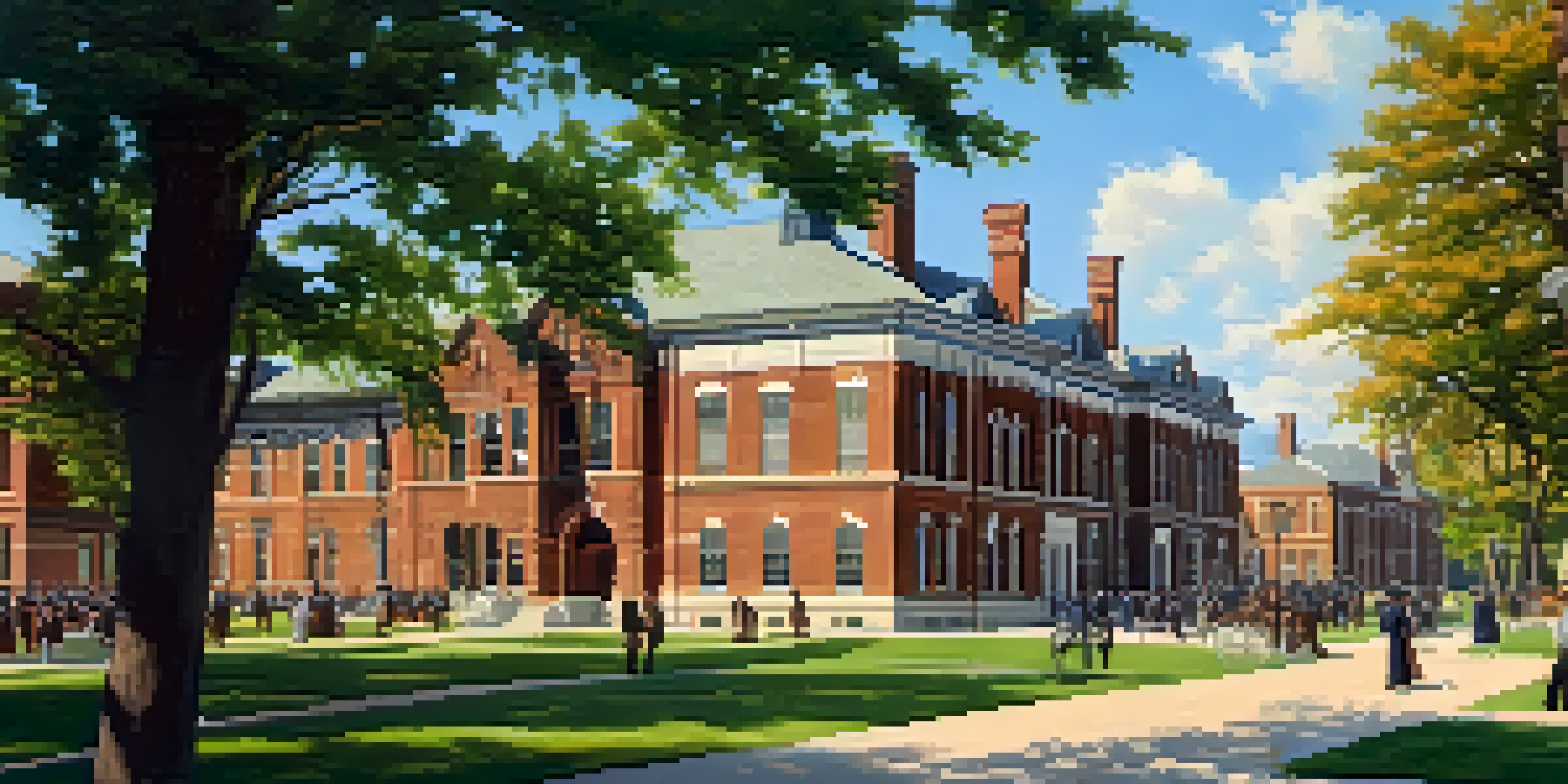 A historic view of Kansas State University's campus in the late 1800s, featuring brick buildings and students in period clothing in a sunny outdoor setting.