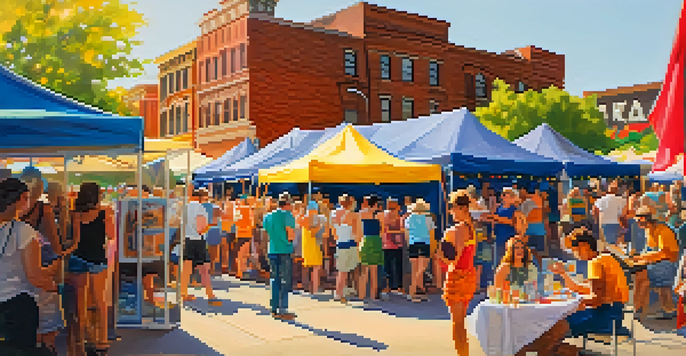 A lively outdoor festival scene with artists performing and colorful tents, filled with attendees enjoying workshops and discussions under warm sunlight.