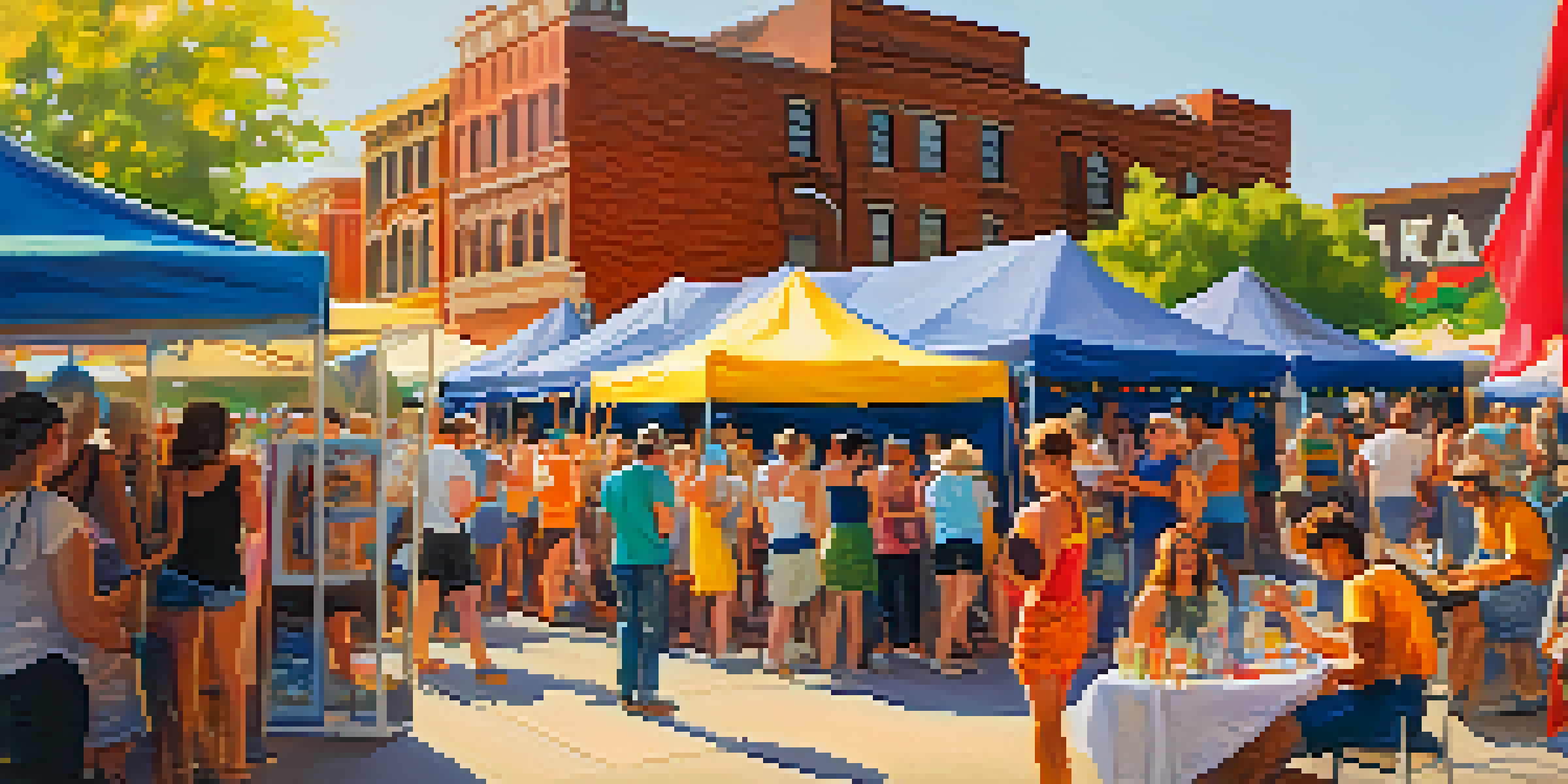 A lively outdoor festival scene with artists performing and colorful tents, filled with attendees enjoying workshops and discussions under warm sunlight.
