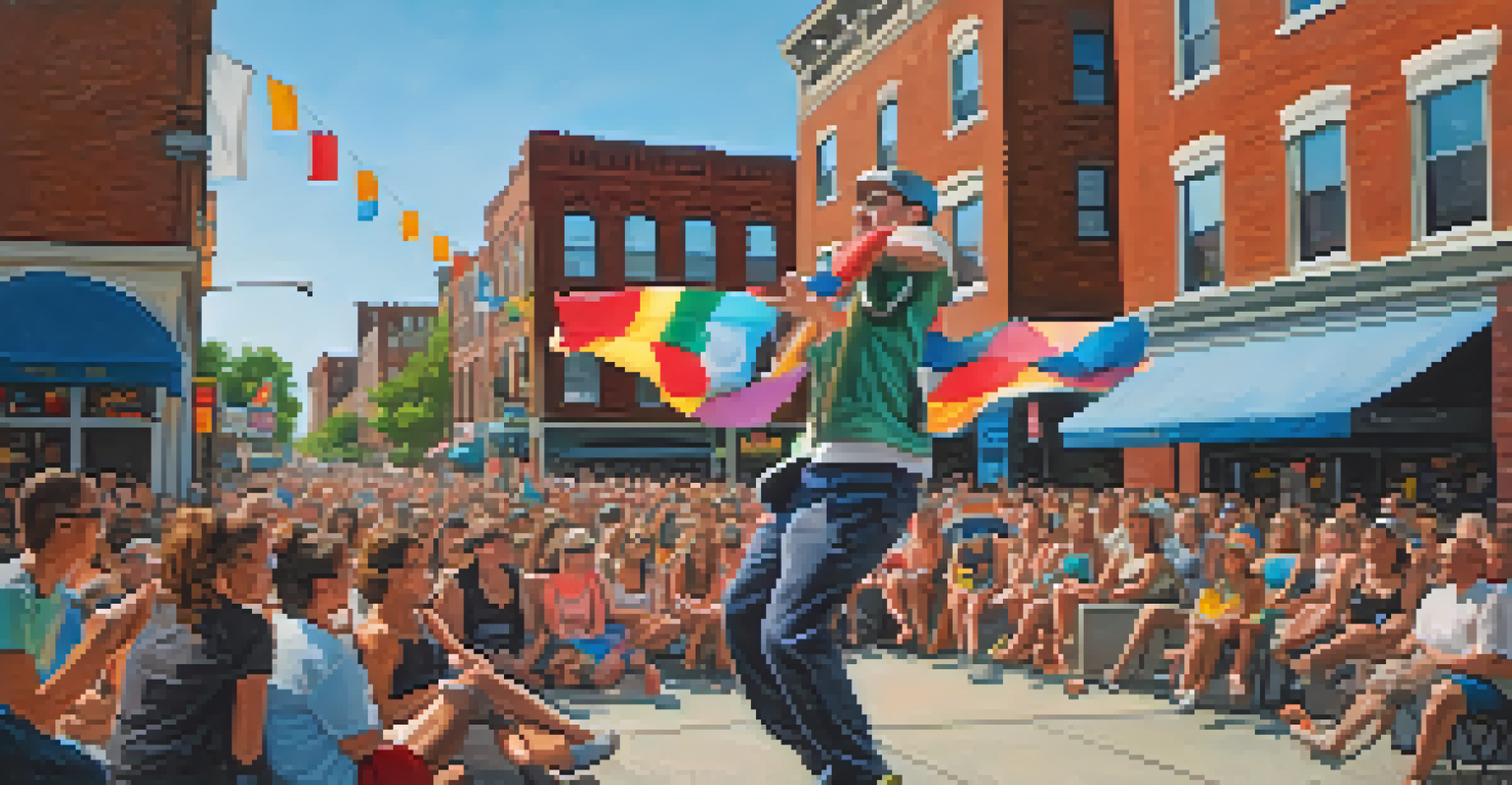 Street performers at the Lawrence Busker Festival entertaining an audience in downtown Lawrence.