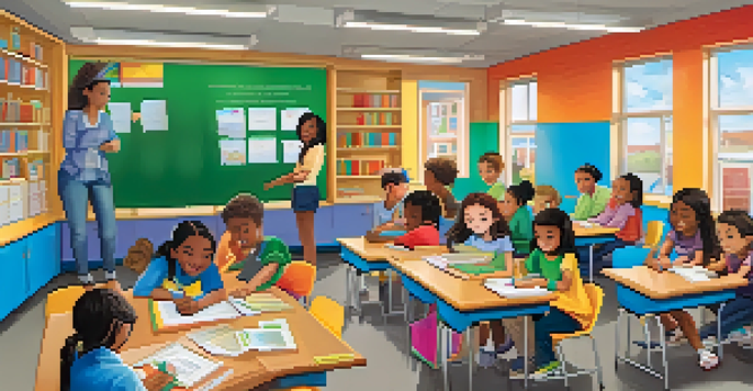 A diverse group of students collaborating in a bright classroom filled with educational materials and technology.