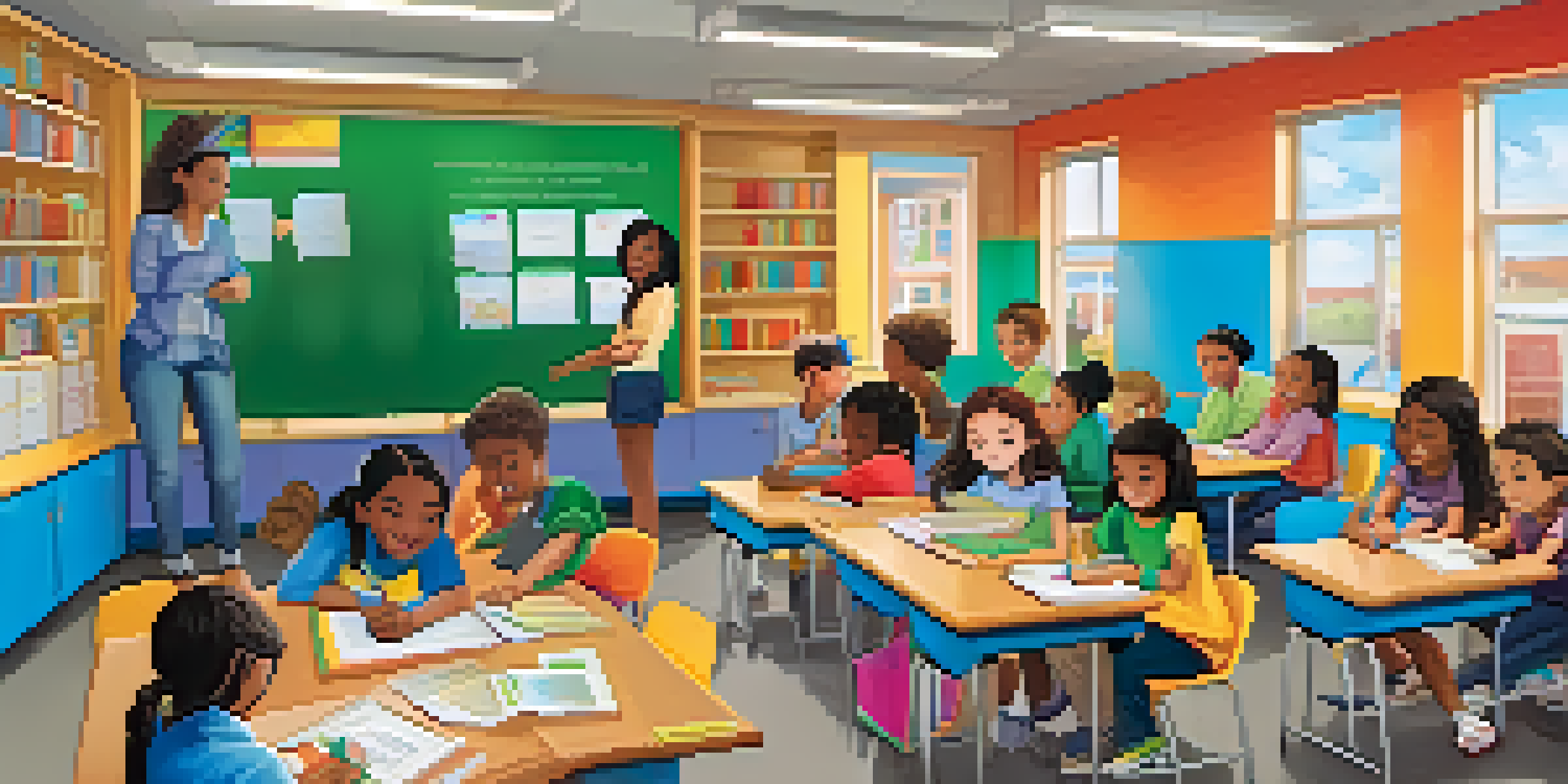 A diverse group of students collaborating in a bright classroom filled with educational materials and technology.