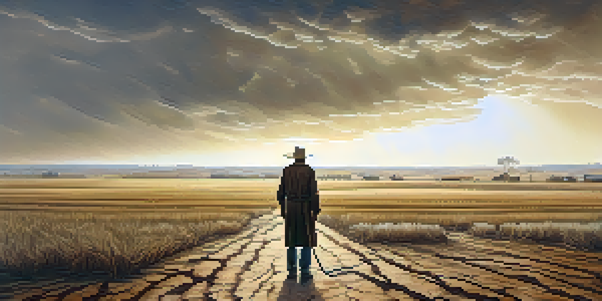 A farmer stands in a dry, cracked field of Kansas during the Dust Bowl, under a dusty sky, representing resilience.