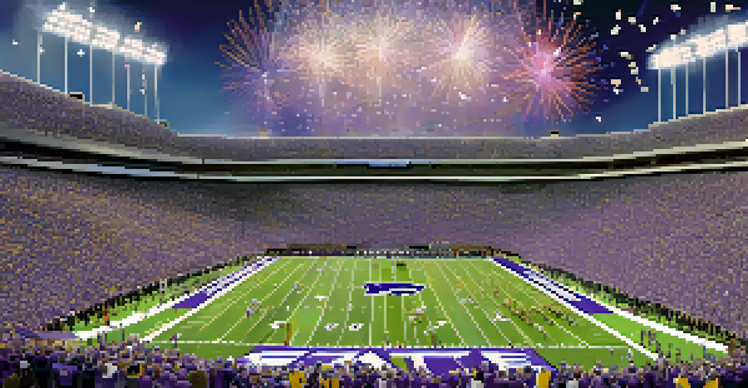 A panoramic view of a packed Kansas State University stadium filled with cheering fans celebrating a touchdown during a football game.
