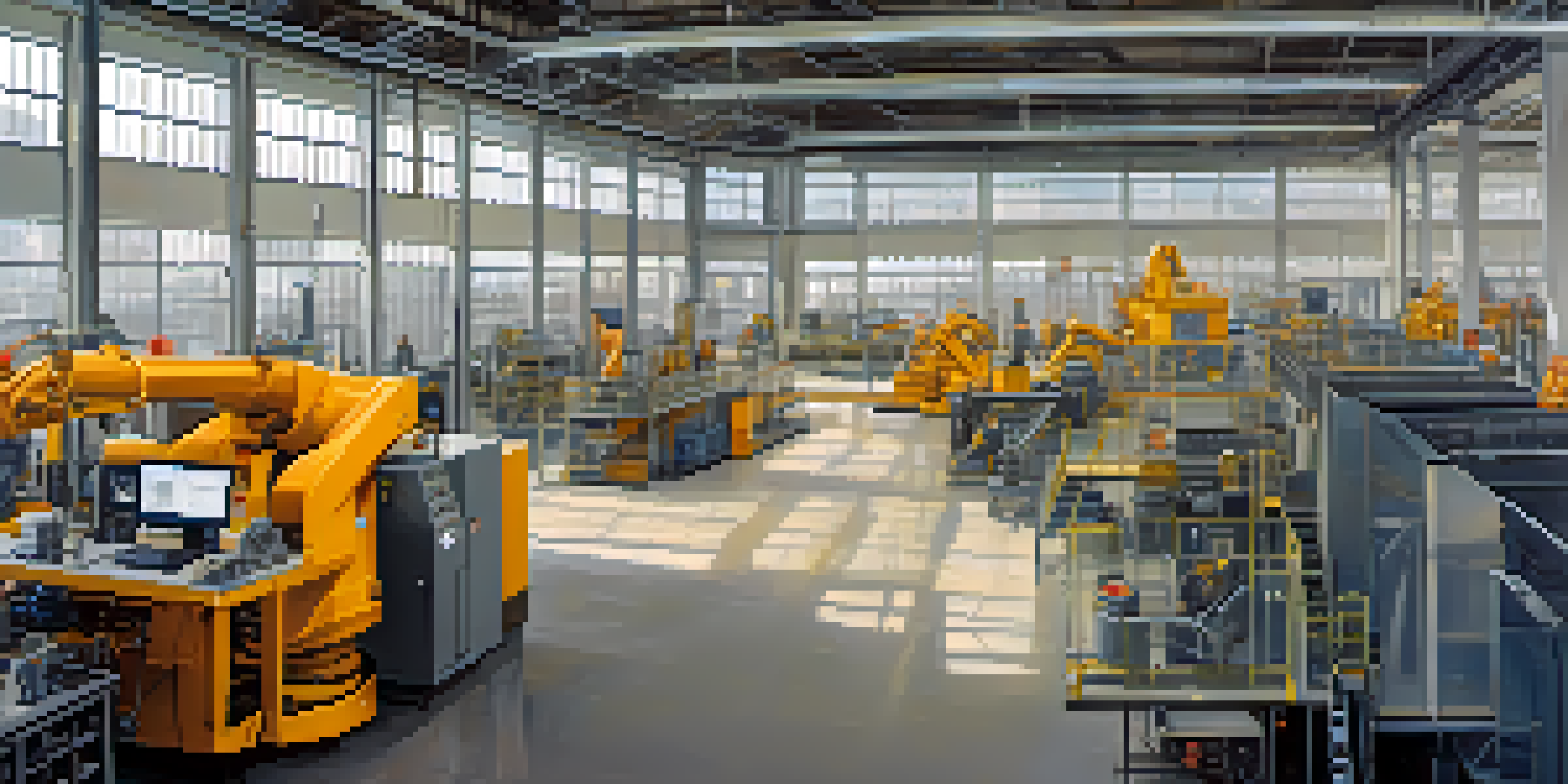 A spacious manufacturing facility with advanced machinery and workers in safety gear, well-lit by natural light.