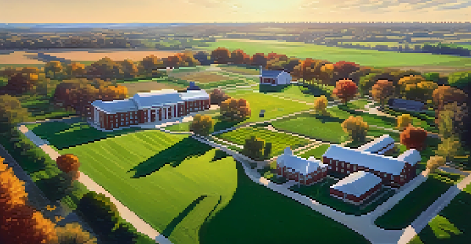 A vibrant view of Kansas State University campus featuring green fields and modern agricultural buildings, with students involved in farming activities under the golden hour sunlight.