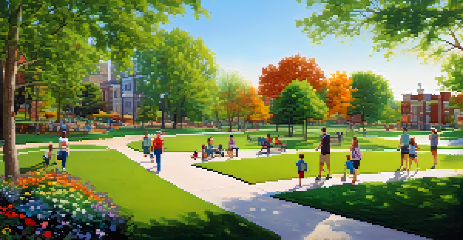 A peaceful urban park in Kansas City with families enjoying green spaces and recreational activities on a sunny day.