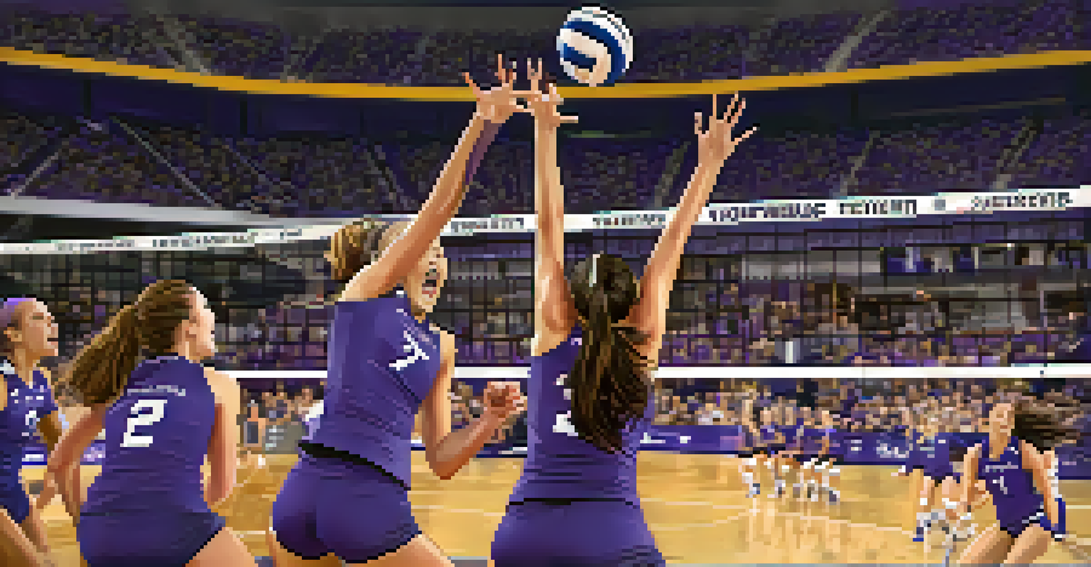 Kansas State Wildcats women's volleyball players in mid-air, spiking the ball during an exciting match, with fans cheering in the background.