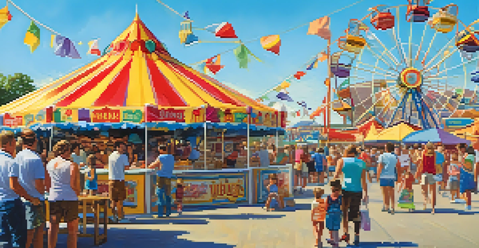 Families enjoying rides and local food at the Kansas State Fair, with colorful stalls and a bright blue sky.