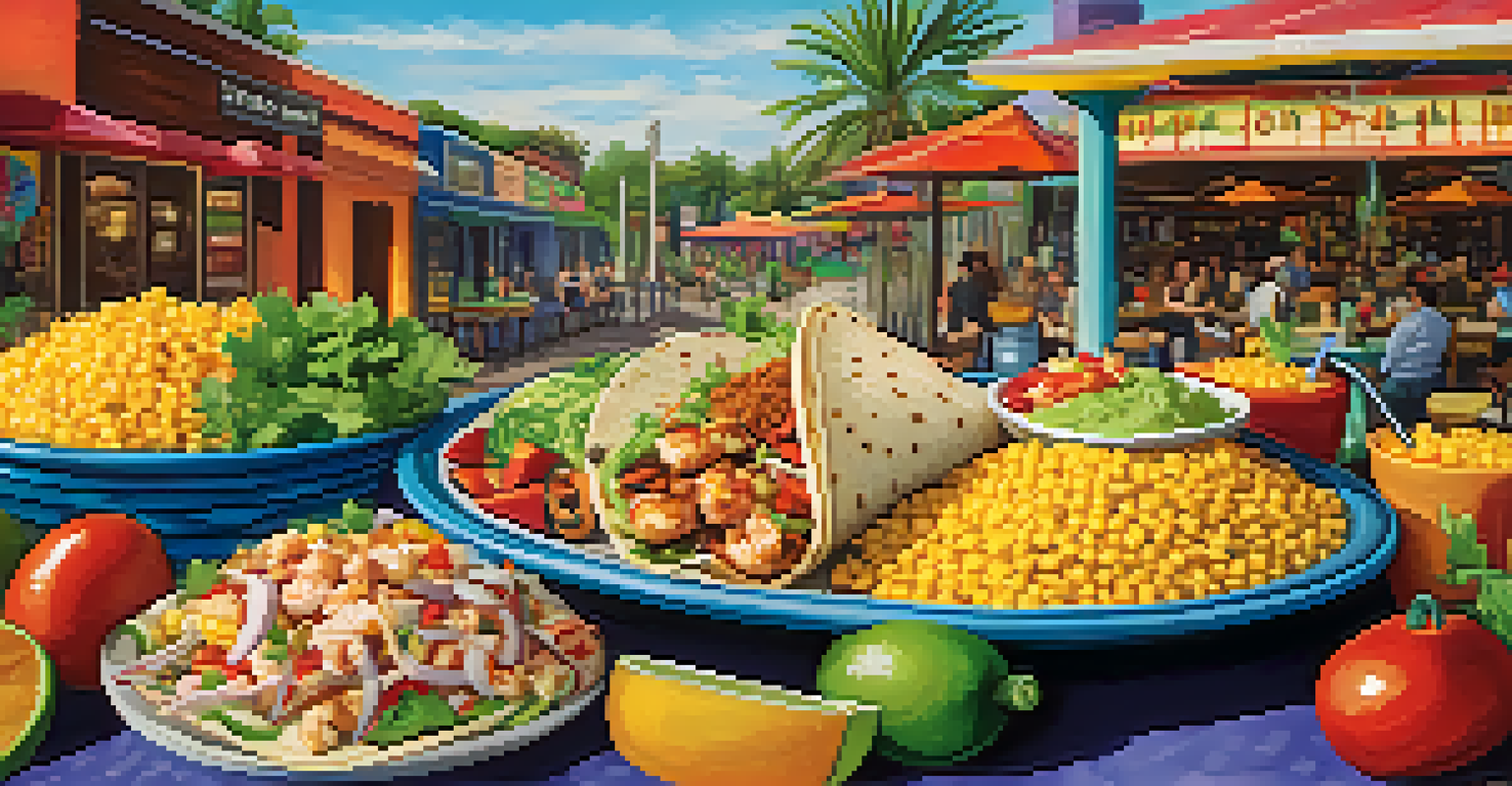 A variety of colorful tacos made with fresh corn tortillas, filled with different toppings, set against a lively and colorful restaurant backdrop.