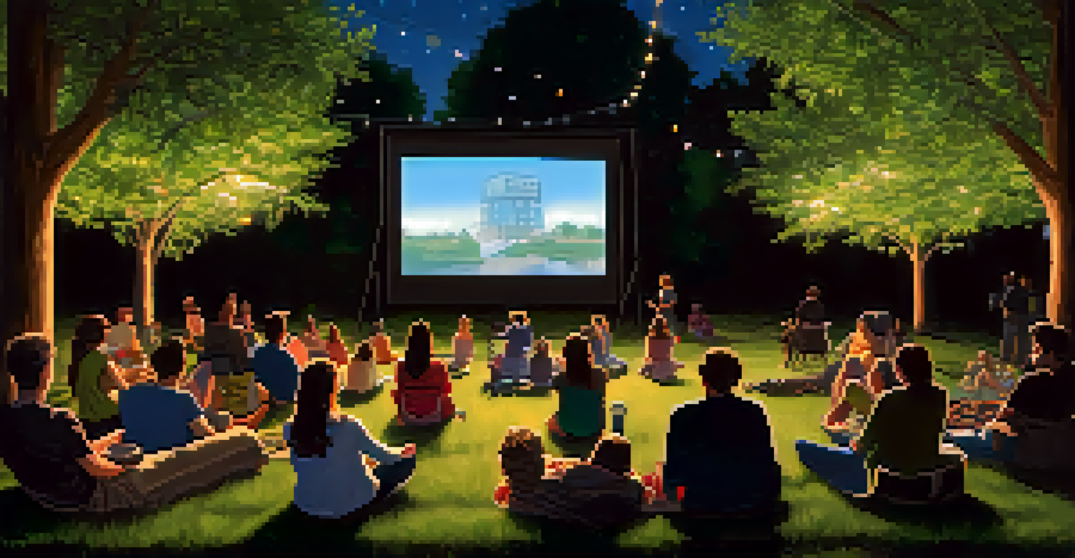 An outdoor scene of the Tallgrass Film Festival with a film screening and attendees on blankets under fairy lights.