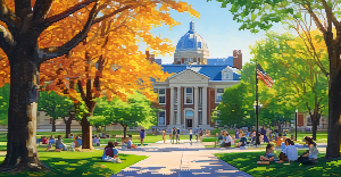 Students collaborating on a research project on a sunny day at Kansas State University, surrounded by greenery and iconic buildings.