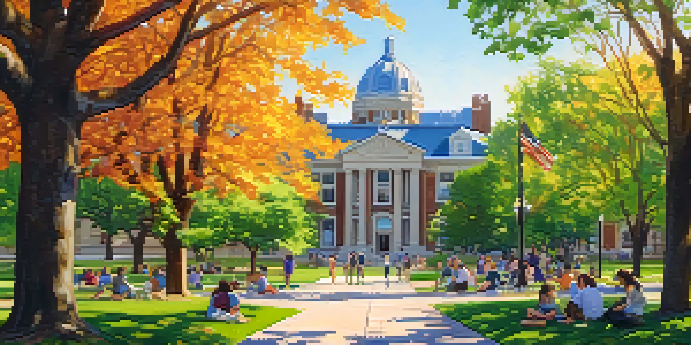 Students collaborating on a research project on a sunny day at Kansas State University, surrounded by greenery and iconic buildings.