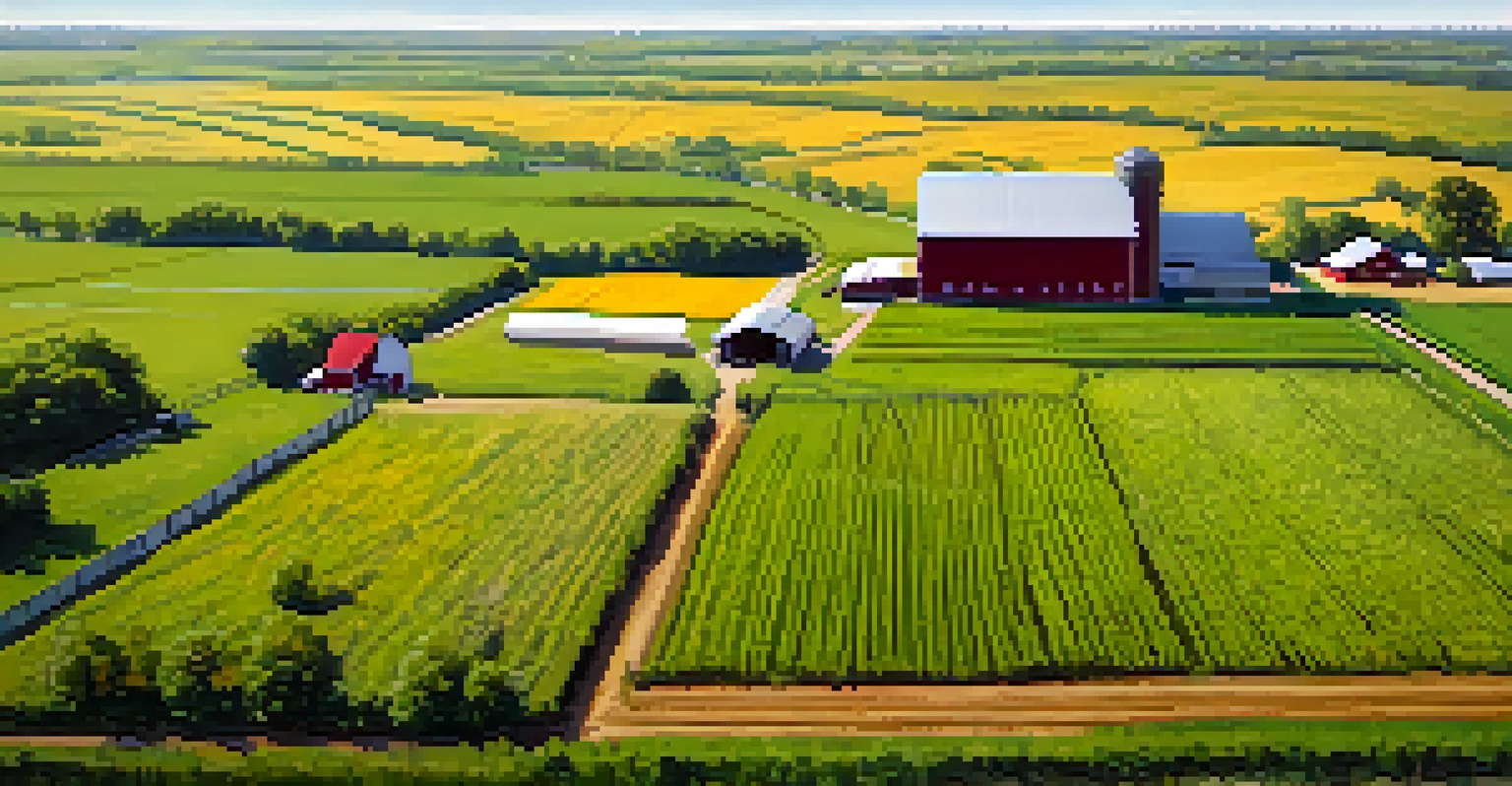 An aerial view of a Kansas farm with diverse crops and cattle, showcasing sustainable farming practices.