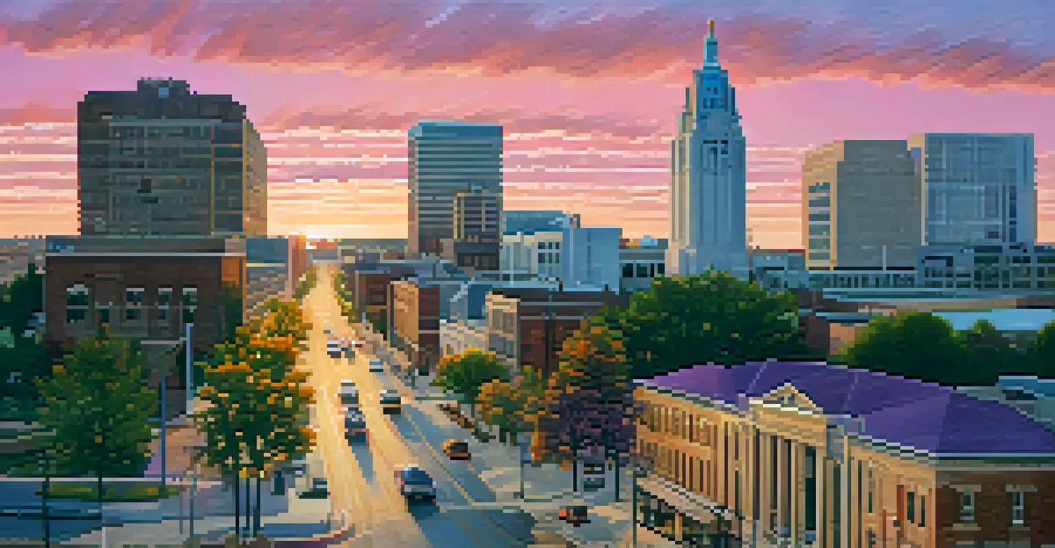 A stunning sunset view of Topeka's skyline with a mix of modern and historical buildings.