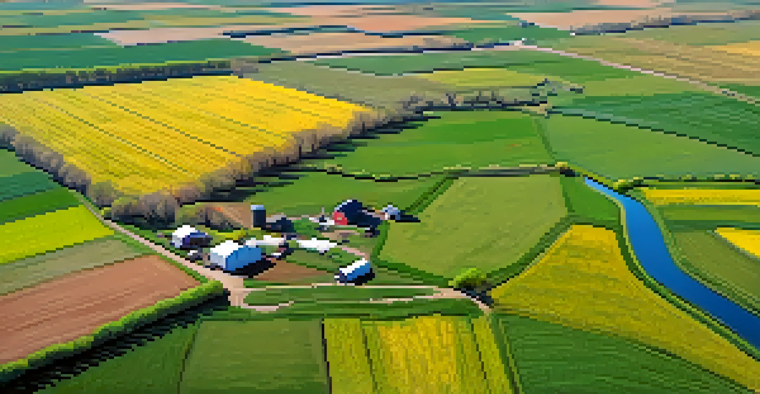 An aerial view of a Kansas farm in spring with green fields, blooming flowers, and a tractor in the landscape.