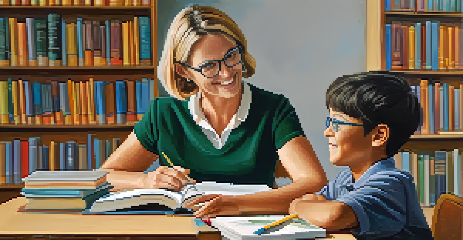 A teacher and a young student engaged in a focused discussion at a desk filled with books, showing a supportive educational interaction.