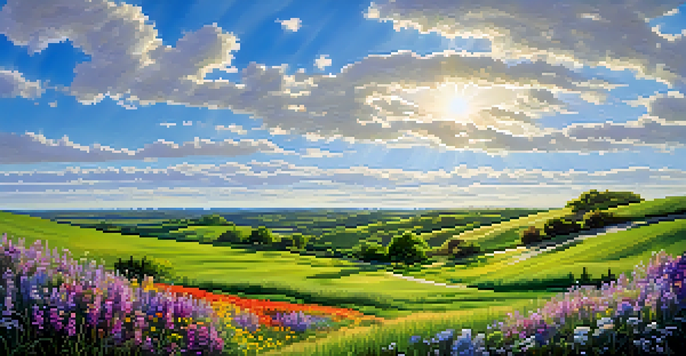 A vibrant spring landscape in Kansas with blooming wildflowers and rolling hills under a blue sky.