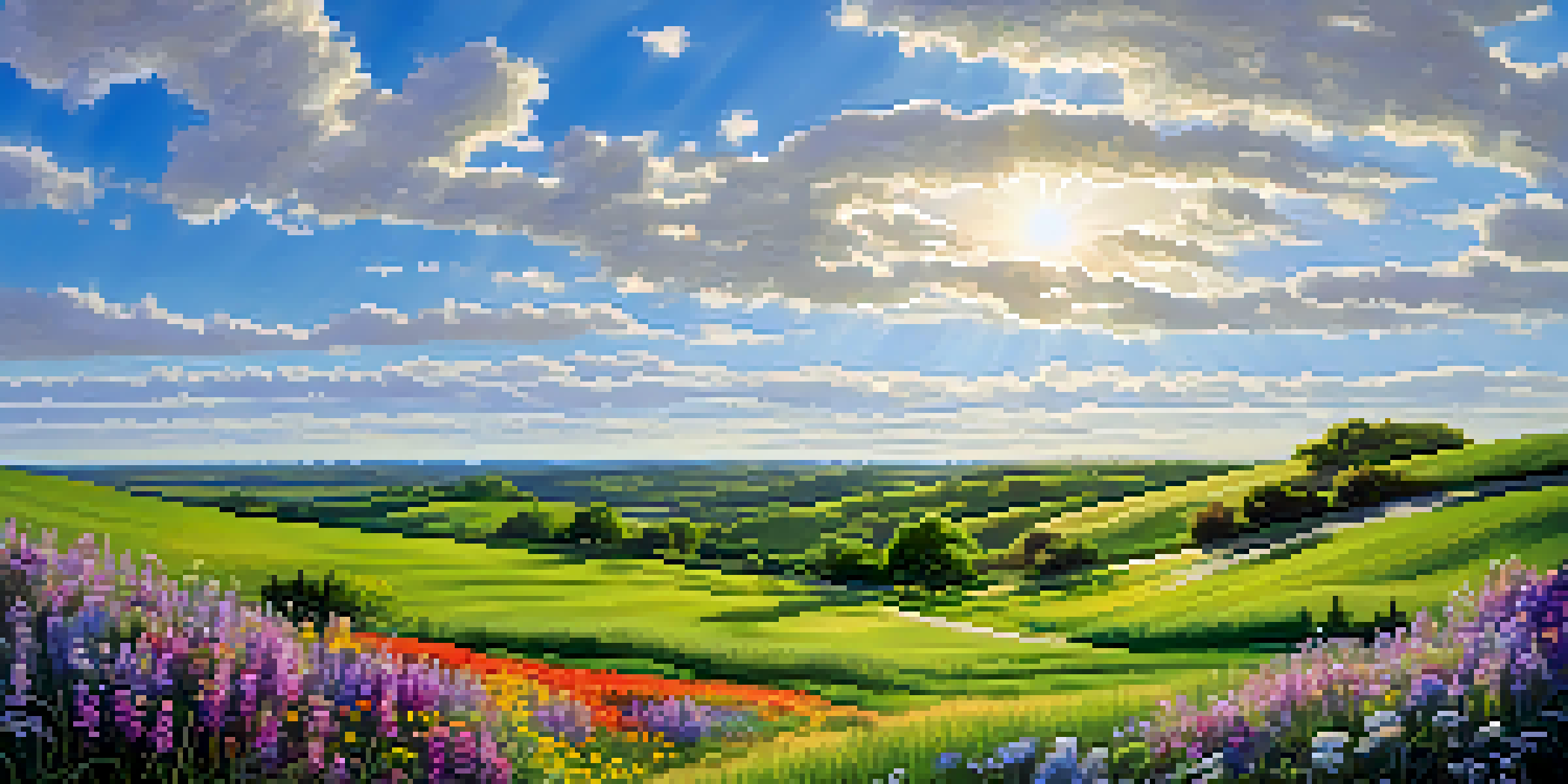 A vibrant spring landscape in Kansas with blooming wildflowers and rolling hills under a blue sky.