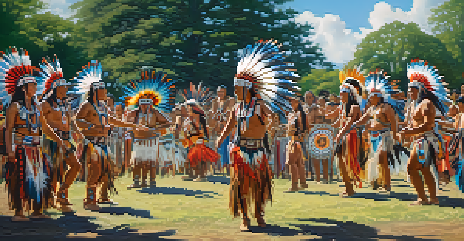 Native American dancers in traditional regalia performing at a powwow, surrounded by an audience in a green outdoor setting.