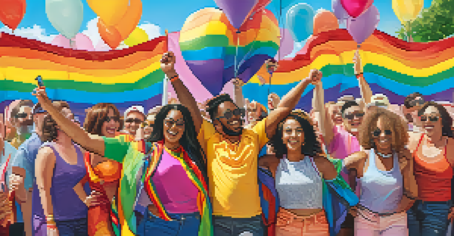 A diverse group of individuals celebrating at Kansas City PrideFest, wearing colorful outfits and holding hands in front of a festive backdrop of balloons and banners.