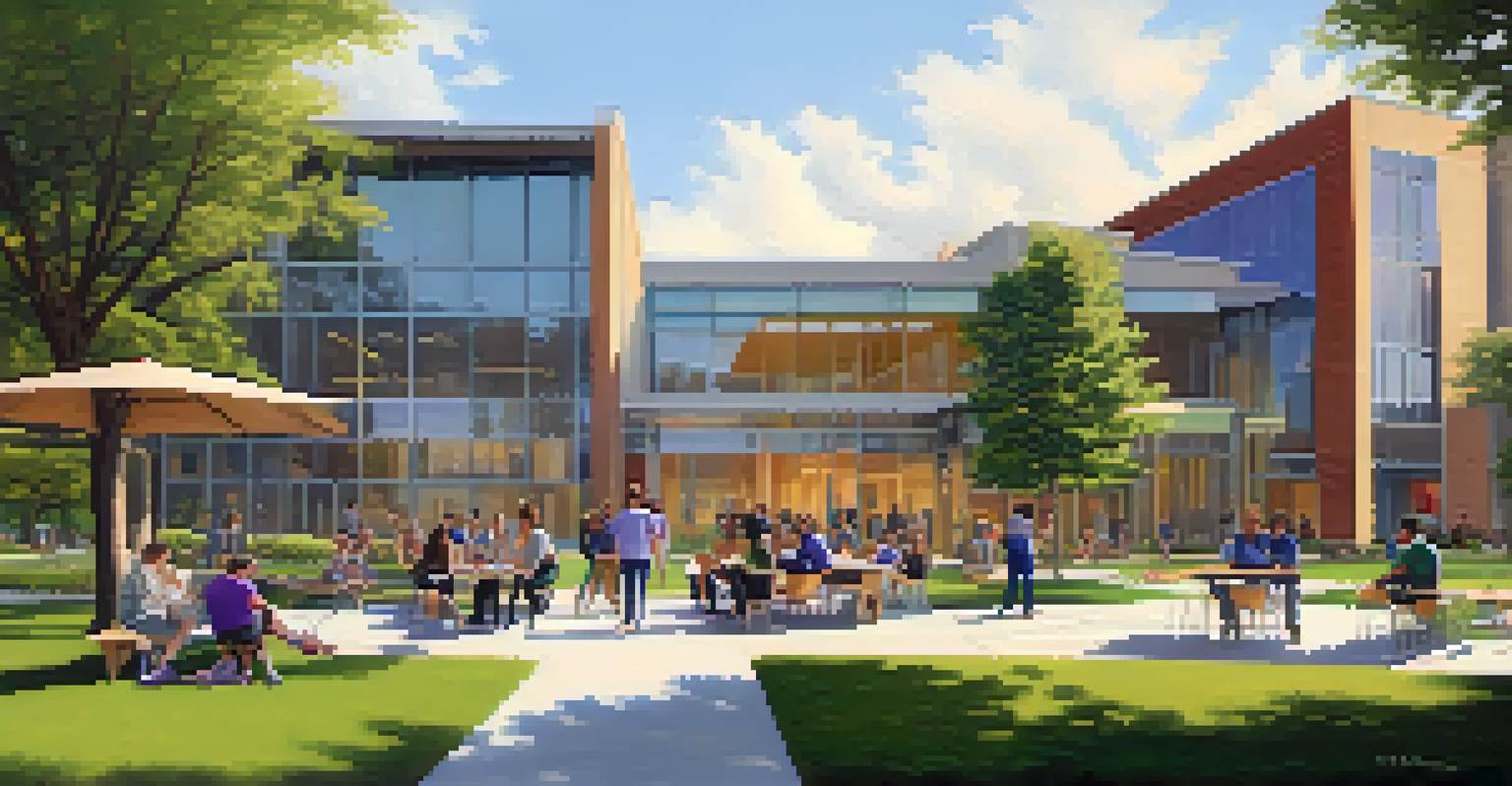 A modern view of Kansas State University campus, featuring diverse students collaborating outdoors in a lively atmosphere.