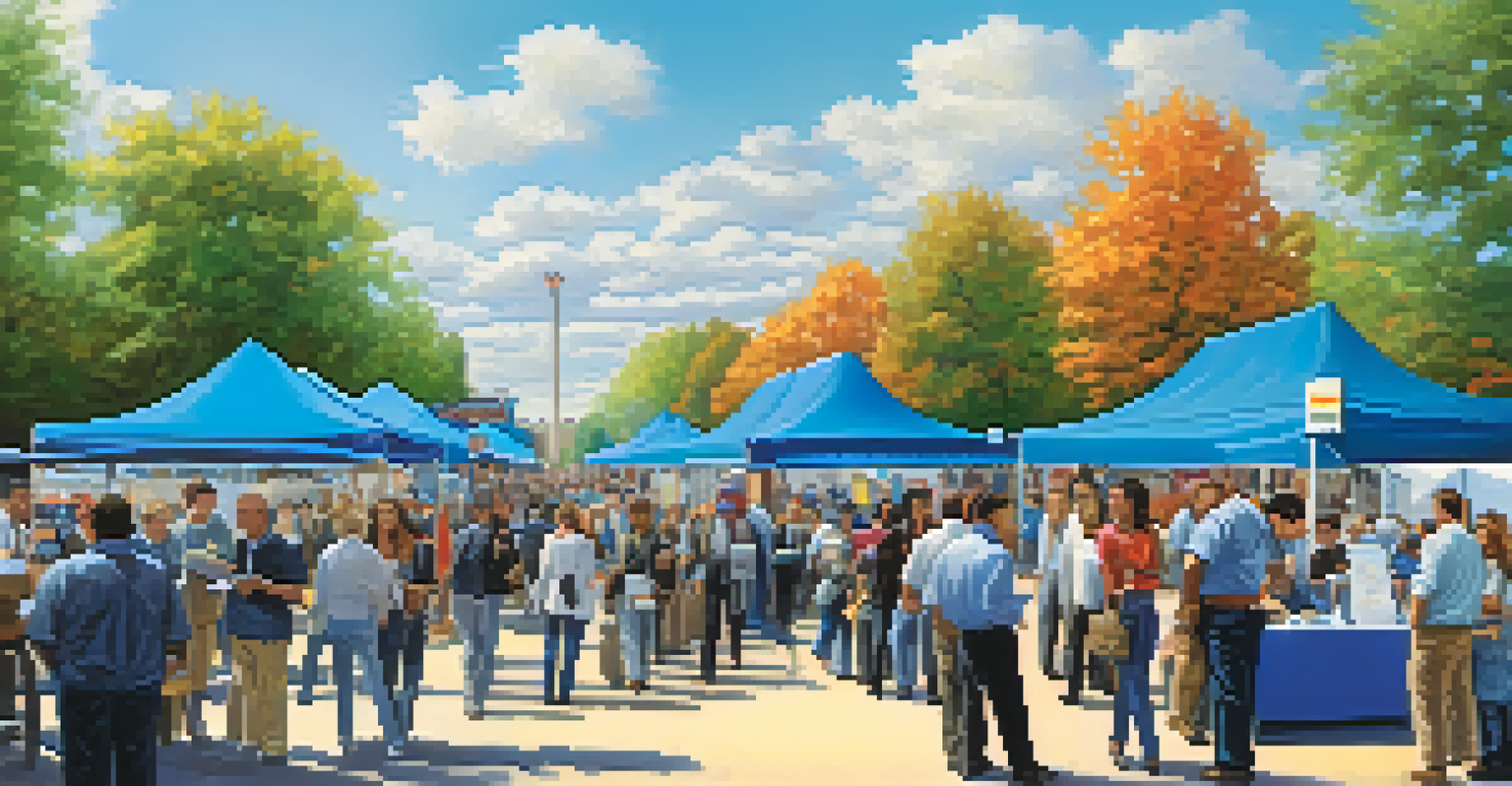 An outdoor career fair with diverse job seekers engaging with various industry booths and colorful displays under a clear sky.