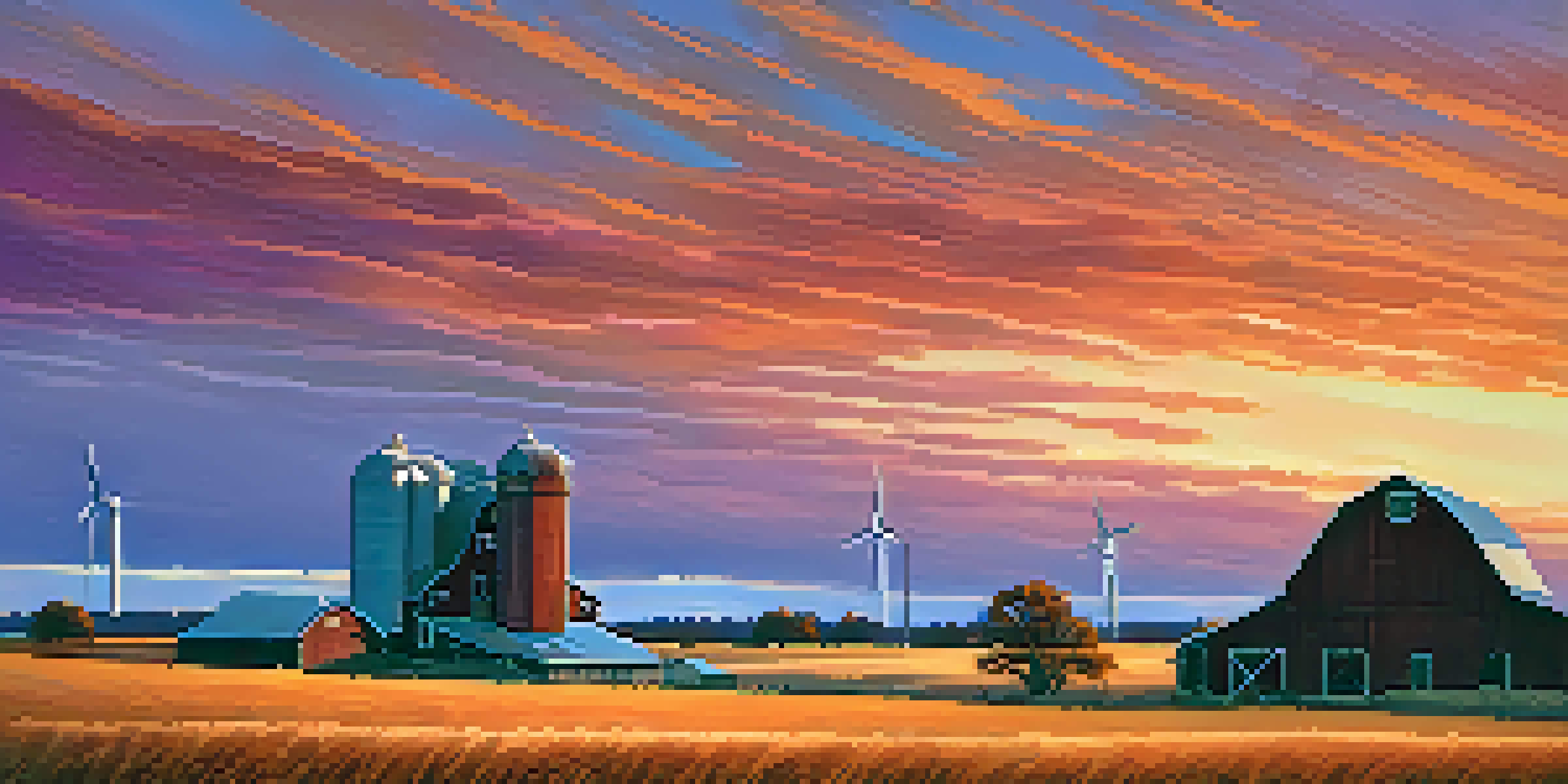 A picturesque Kansas farm scene at sunset with golden wheat fields, a red barn, and wind turbines in the distance.
