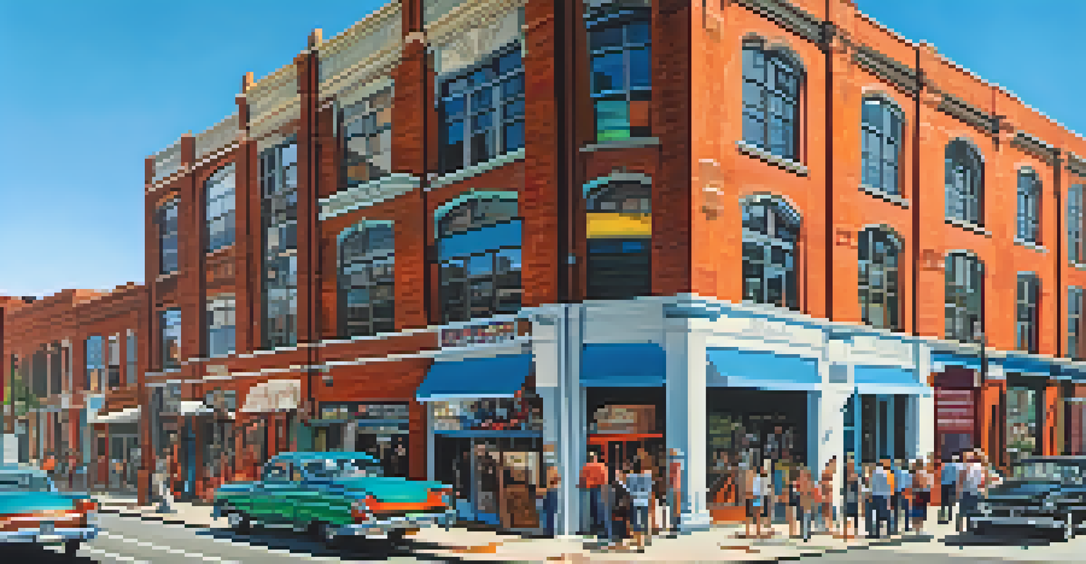 Street scene in the Crossroads Arts District with colorful murals and people admiring the art.