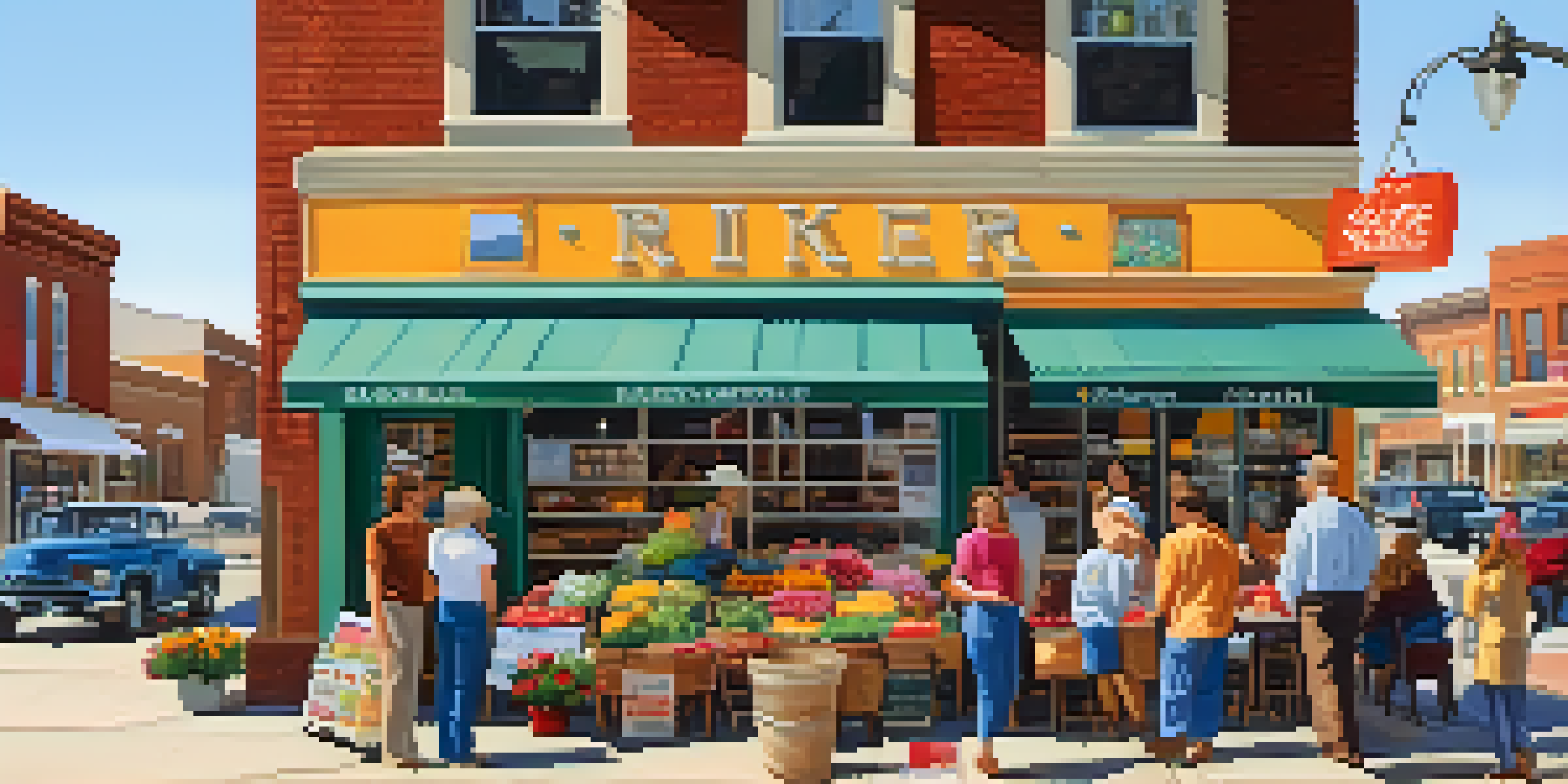 A busy street in a small Kansas town filled with local businesses and people interacting in a warm, sunny atmosphere.