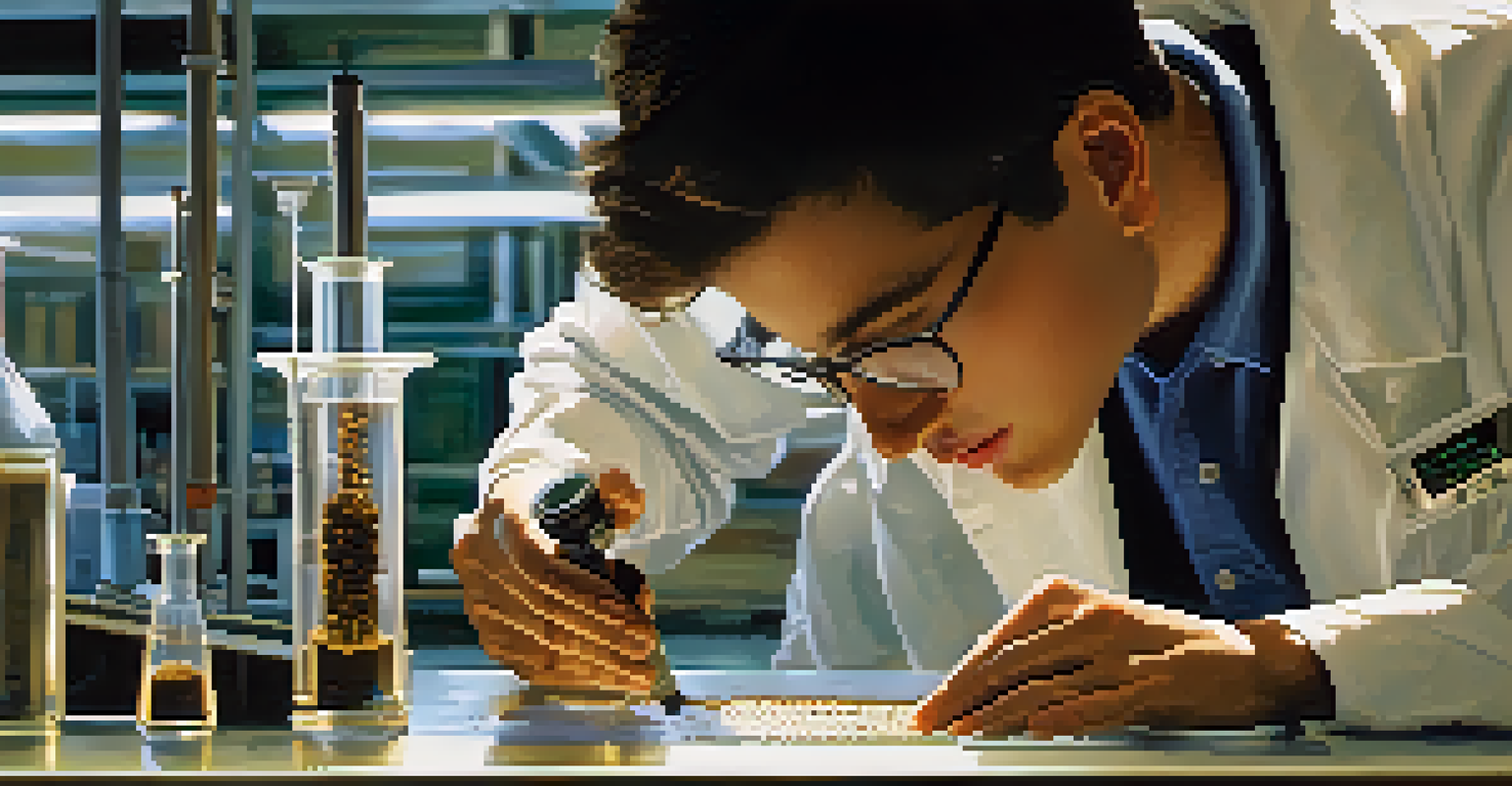 A close-up of a researcher examining soil samples in a laboratory at Kansas State University, showcasing laboratory equipment and soil textures under soft lighting.