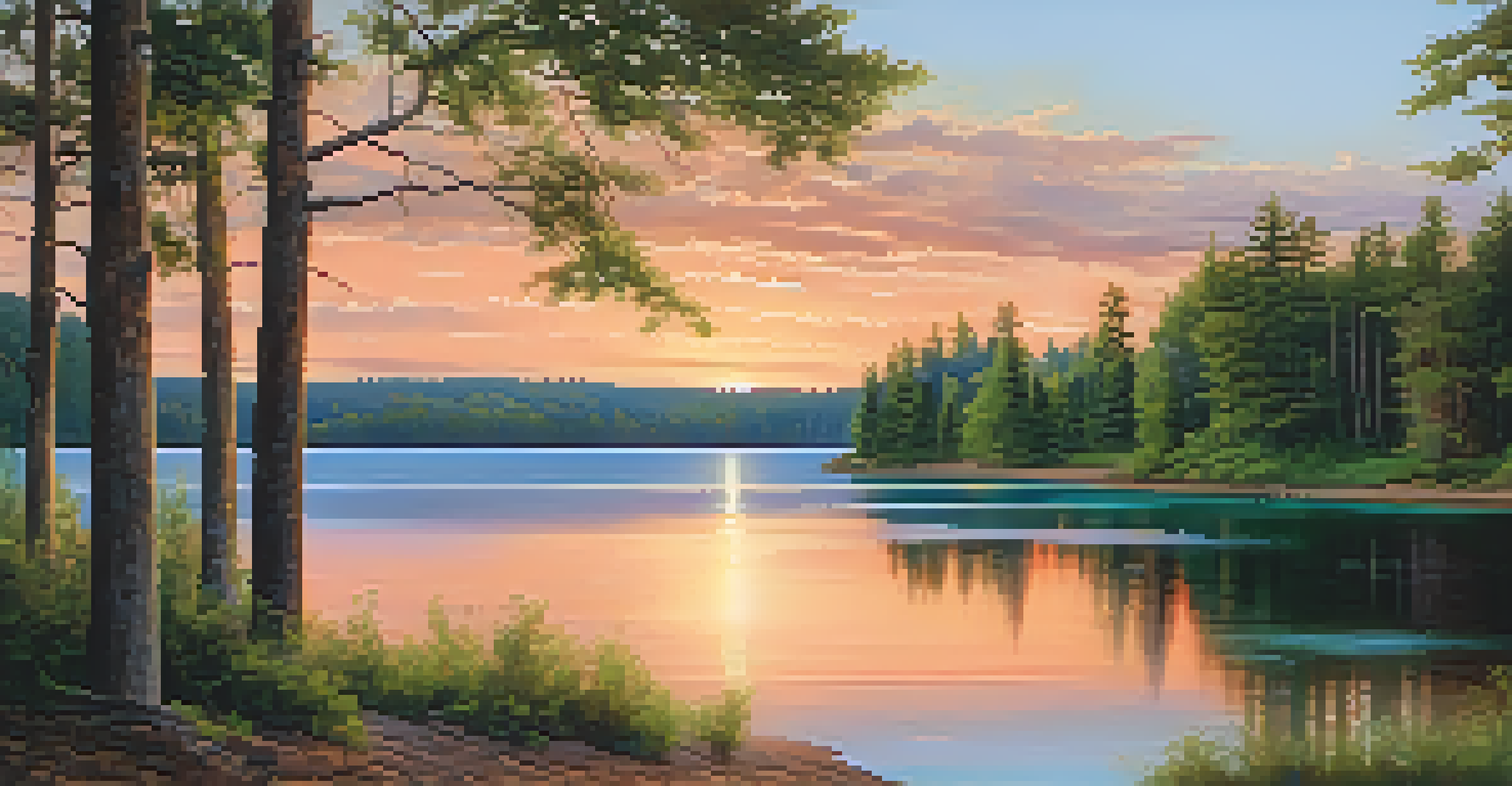 A sunset view over Wilson Lake with clear waters and sandy beaches surrounded by trees.