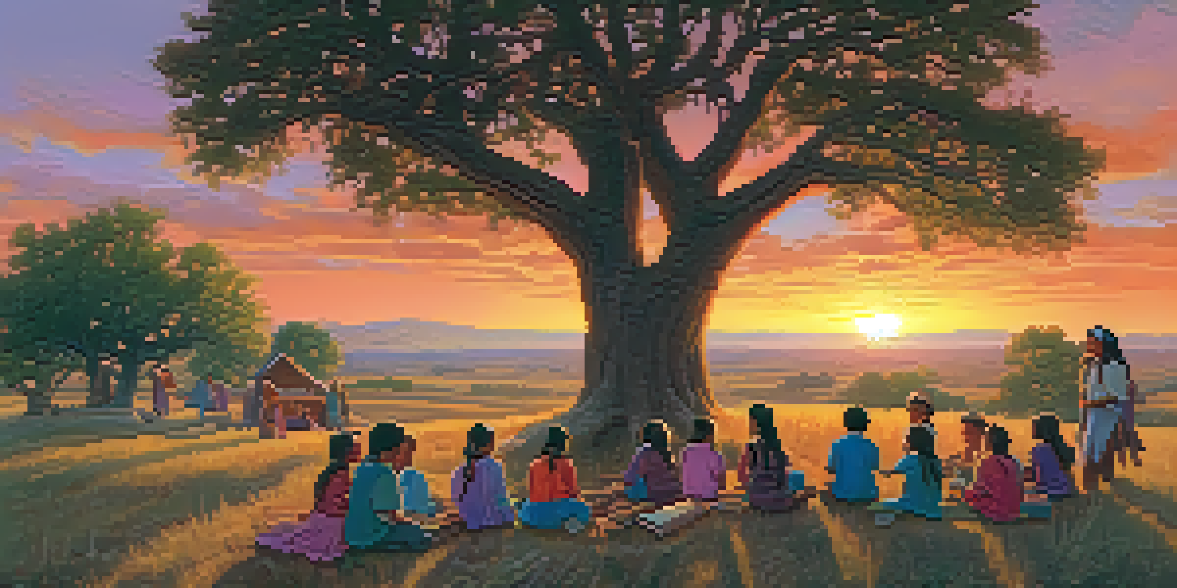 A peaceful Kansas landscape with rolling hills and a colorful sunset, where Native American children are participating in a language class under a tree.