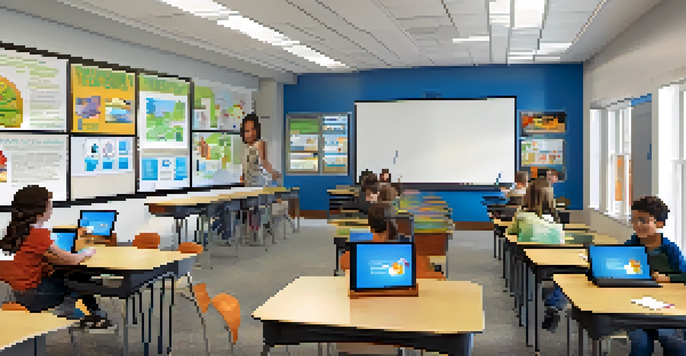 A vibrant and modern classroom in Kansas with students collaborating on tablets and a teacher guiding a discussion, surrounded by interactive learning tools.